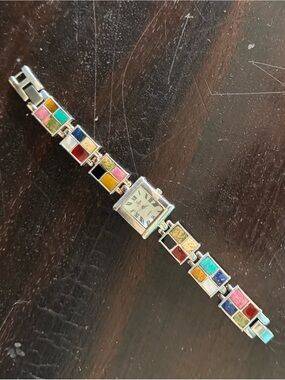 Aria Sterling Multicolor Square Stone Inlay Bracelet Watch, MOP Watch Face